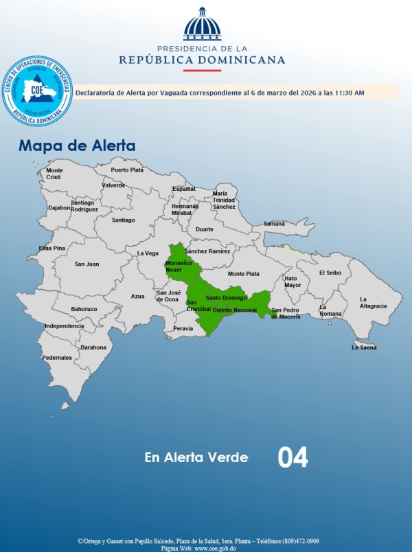 El COE coloca 03 provincias y el Distrito Nacional en alerta verde