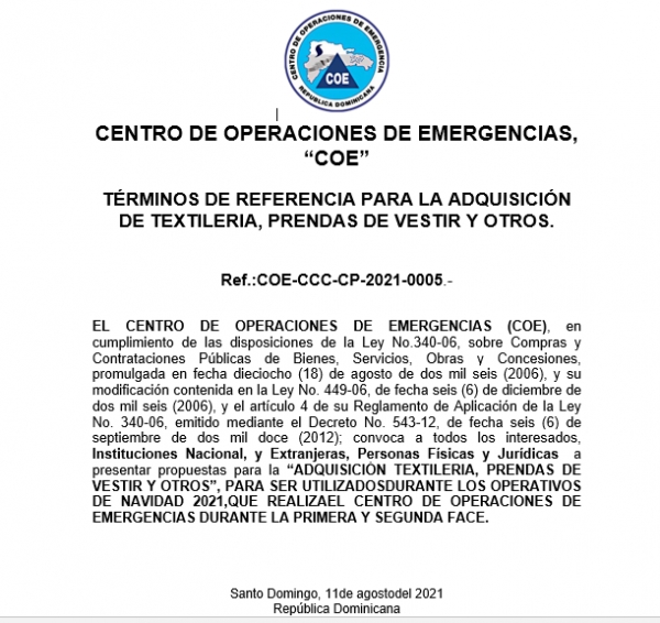 PLIEGO COMPARACION DE PRECIOS COE-CCC-CP-2021-0005, PRENDAS DE VESTIR.