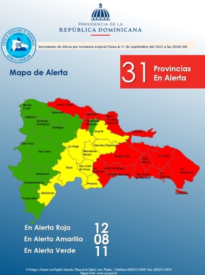 Incremento y Ampliaci&oacute;n de alerta por tormenta tropical FIONA 17,09,2022, 9,am