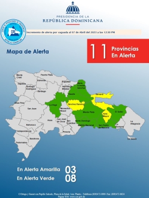 El COE coloca 03 provincias en alerta amarilla y 08 en verde por posibles crecidas de r&iacute;os, arroyos y ca&ntilde;adas