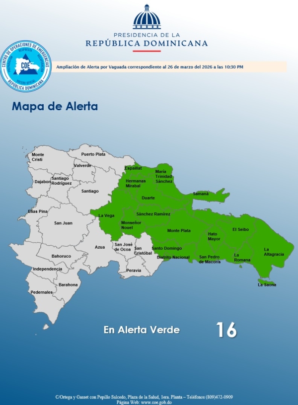 El COE ampl&iacute;a el nivel de alerta verde para 15 provincias y el Distrito Nacional