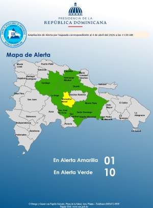 El COE mantiene 01 provincia en alerta amarilla y aumenta 09 y el Distrito Nacional en alerta verde
