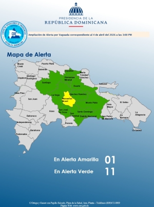 El COE mantiene 01 provincia en alerta amarilla y aumenta 10 y el Distrito Nacional en alerta verde