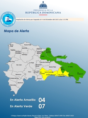 El COE mantiene 03 provincias y el Distrito Nacional en alerta amarilla y aumenta 07 en verde