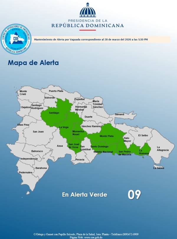 El COE mantiene 08 provincias y el Distrito Nacional en alerta verde