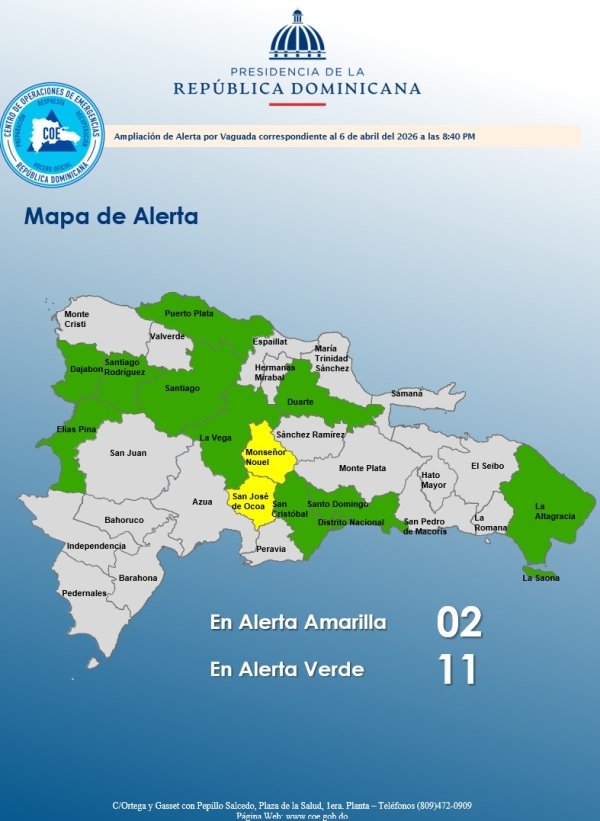 El COE mantiene 02 provincias en alerta amarilla y ampl&iacute;a 10 y el Distrito Nacional en verde