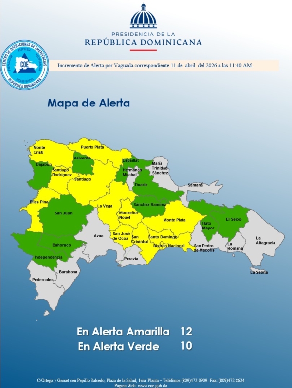El COE ampl&iacute;a el nivel de alerta amarilla para 11 provincias y el Distrito Nacional y 10 en verde