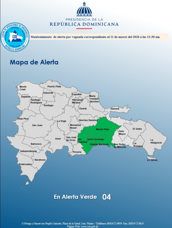 El COE mantiene 03 provincias y al Distrito Nacional en alerta verde
