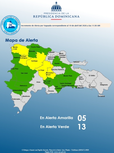 El COE amplía el nivel de alerta amarilla para 05 provincias y 12 y el Distrito Nacional en verde