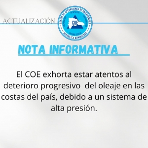 Se exhorta estar atentos a deterioro progresivo  del oleaje en las cosas del pa&iacute;s por sistema de alta presi&oacute;n