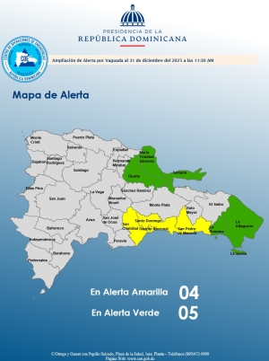 El COE coloca  03 provincias y el Distrito Nacional en alerta amarilla y mantiene 05 en verde