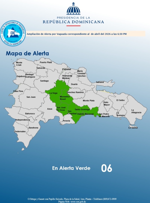 El COE amplia 05 provincias y el Distrito Nacional en alerta verde