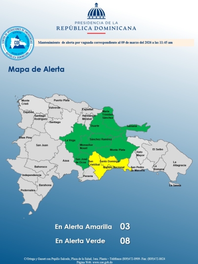 El COE mantiene 2 provincias y el Distrito Nacional en alerta amarilla y 08  en alerta verde